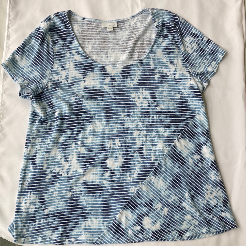 J Jill Pure Jill Blue Striped Bleach Dye Linen Blend T-Shirt Size Large